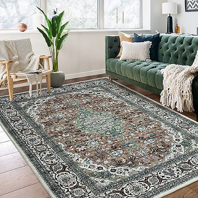 Glowsol Machine Washable Floral Medallion Area Rug Soft Non Slip Home Decor Carpet