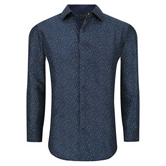Azaro Uomo Men Slim Fit Four-way Stretch Geometric Long Sleeve Button Down