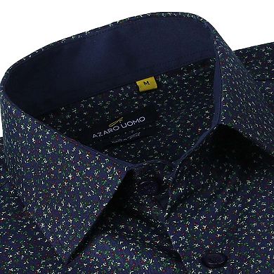 Azaro Uomo Men Slim Fit Four-way Stretch Geometric Long Sleeve Button Down