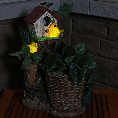 Sunnydaze Polyresin Bird House Planter Statue With Solar Lighted Birds