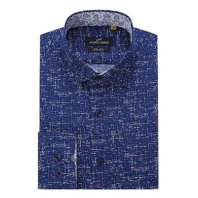 Azaro Uomo Men Slim Fit Four-way Stretch Geometric Long Sleeve Button Down