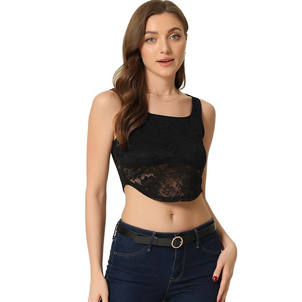 Floral Lace Crop Top For Women Sleeveless Semi Sheer Tank Tops