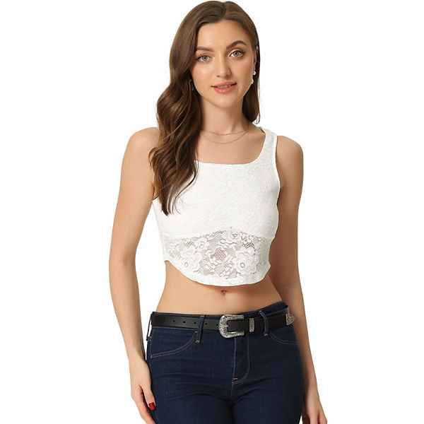 Floral Lace Crop Top For Women Sleeveless Semi Sheer Tank Tops