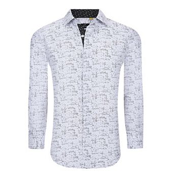 Azaro Uomo Men Slim Fit Four-way Stretch Geometric Long Sleeve Button Down