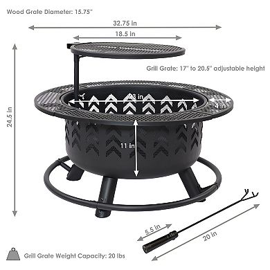 Sunnydaze 32.75 In Arrow Motif Steel Fire Pit With Cooking Grate - Black