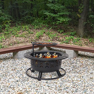 Sunnydaze 32.75 In Arrow Motif Steel Fire Pit With Cooking Grate - Black