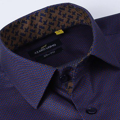 Azaro Uomo Men Slim Fit Four-way Stretch Geometric Long Sleeve Button Down