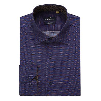 Azaro Uomo Men Slim Fit Four-way Stretch Geometric Long Sleeve Button Down