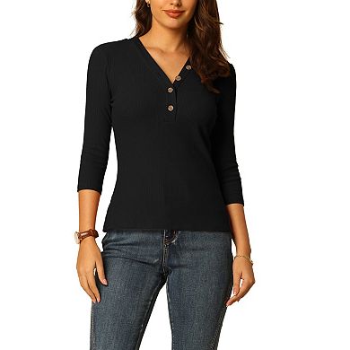 Women's Button V Neck Blouse Basic 3/4 Sleeve Knitted Tops