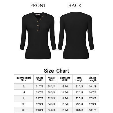 Women's Button V Neck Blouse Basic 3/4 Sleeve Knitted Tops