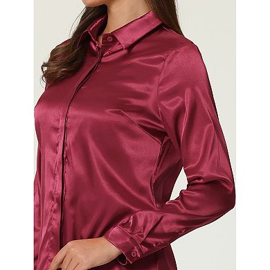 Women's Satin Blouse Long Sleeve Work Office Button Down Shirt Top