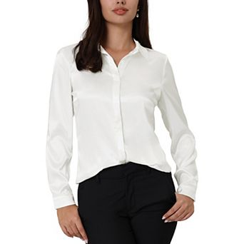 Women's Satin Blouse Long Sleeve Work Office Button Down Shirt Top