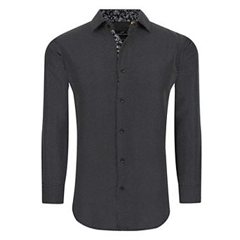 Azaro Uomo Men Slim Fit Four-way Stretch Geometric Long Sleeve Button Down