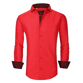 Azaro Uomo Men Slim Fit Four-way Stretch Geometric Long Sleeve Button Down