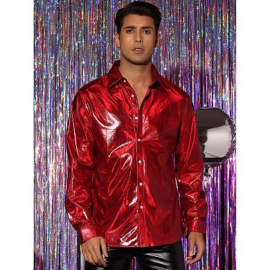 Metallic Shirts For Men's Long Sleeves Button Down Disco Party Holographic Shirt