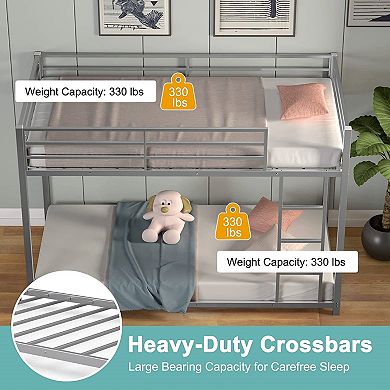 Twin Over Twin Low Profile Modern Bunk Bed In Silver Metal Finish