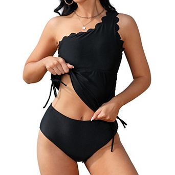 Women Two Piece Swimsuits One Shoulder Bathing Suits Tummy Control Ruched Wavy Edge Tankini Sets