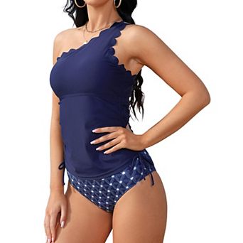 Women Two Piece Swimsuits One Shoulder Bathing Suits Tummy Control Ruched Wavy Edge Tankini Sets