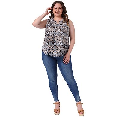 Plus Size Top For Women Sleeveless Floral Print V Neck Tunic Tank Tops Blouse Shirts