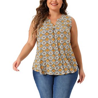 Plus Size Top for Women Sleeveless Floral Print V Neck Tunic Tank Tops Blouse Shirts