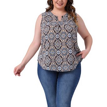 Plus Size Top For Women Sleeveless Floral Print V Neck Tunic Tank Tops Blouse Shirts