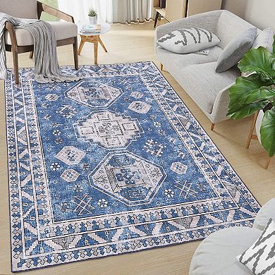 Garvee Vintage Distressed Area Rug Geometric Print Retro Accent Throw Carpet