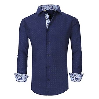 Azaro Uomo Men Slim Fit Four-way Stretch Geometric Long Sleeve Button Down