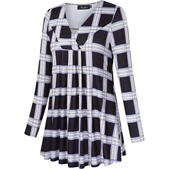 Women's Plus Size Long Sleeve V Neck Tee Shirt Pleated Tops Flowy Loose Blouse Casual Tunic Shirt