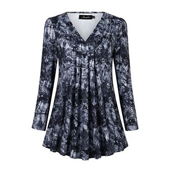 Women's Plus Size Long Sleeve V Neck Tee Shirt Pleated Tops Flowy Loose Blouse Casual Tunic Shirt