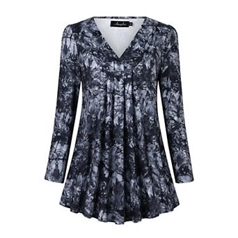 Women's Plus Size Long Sleeve V Neck Tee Shirt Pleated Tops Flowy Loose Blouse Casual Tunic Shirt