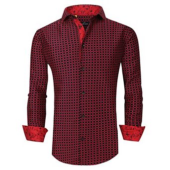 Azaro Uomo Men Slim Fit Four-way Stretch Geometric Long Sleeve Button Down