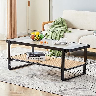 Homavo Modern Minimalist Rectangular Double Layer Black Solid Wood Imitation Rattan Coffee Table