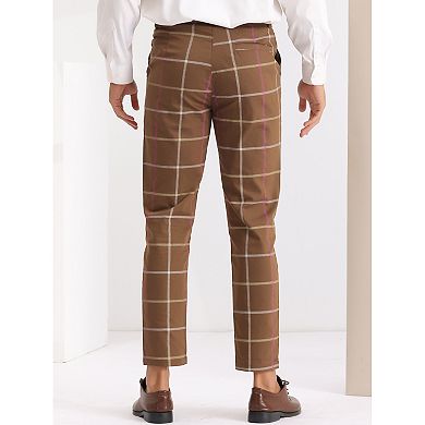 Plaid Tapered Pants For Men's Zipper Flat Front Formal Dress Pants