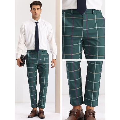 Plaid Tapered Pants For Men's Zipper Flat Front Formal Dress Pants