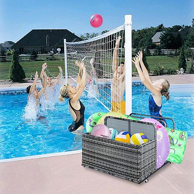 Outdoor Storage,Patio PE Rattan Outdoor Pool Caddy with Rolling Wheels for Floaties,Beach,Grey