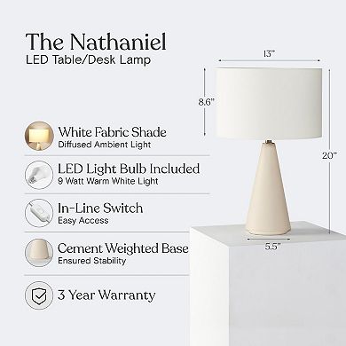 Brightech Nathaniel Cement Led Table Lamp - Sleek Minimalist Design With Cream Cotton Drum Shade