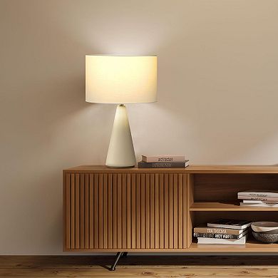 Brightech Nathaniel Cement Led Table Lamp - Sleek Minimalist Design With Cream Cotton Drum Shade