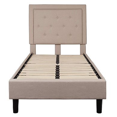 Twin Beige Fabric Upholstered Platform Bed With Button Tufted Headboard