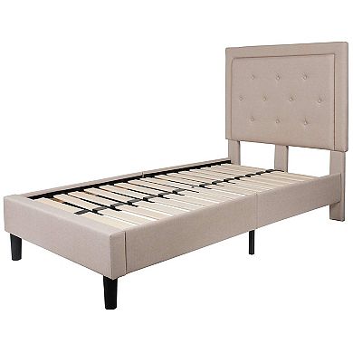Twin Beige Fabric Upholstered Platform Bed With Button Tufted Headboard