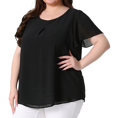 Women's Plus Size Chiffon 2-Layered Ruffle Short Sleeve Round Neck Top