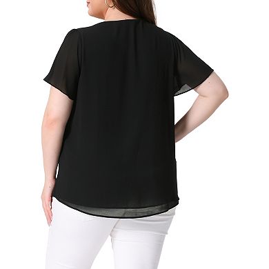 Women's Plus Size Chiffon 2-Layered Ruffle Short Sleeve Round Neck Top
