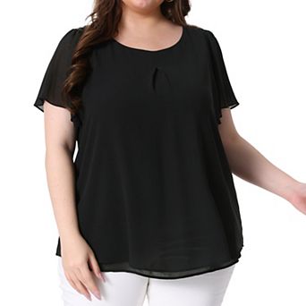 Women's Plus Size Chiffon 2-Layered Ruffle Short Sleeve Round Neck Top