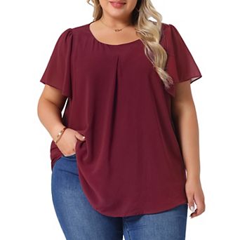 Women's Plus Size Chiffon 2-Layered Ruffle Short Sleeve Round Neck Top