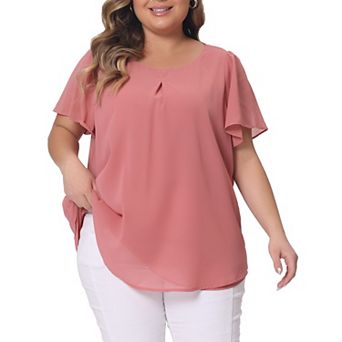 Women's Plus Size Chiffon 2-Layered Ruffle Short Sleeve Round Neck Top