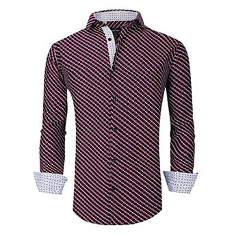 Azaro Uomo Men Slim Fit Four-way Stretch Geometric Long Sleeve Button Down
