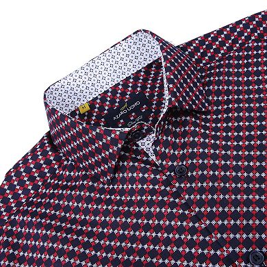 Azaro Uomo Men Slim Fit Four-way Stretch Geometric Long Sleeve Button Down