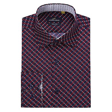 Azaro Uomo Men Slim Fit Four-way Stretch Geometric Long Sleeve Button Down