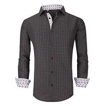 Azaro Uomo Men Slim Fit Four-way Stretch Geometric Long Sleeve Button Down