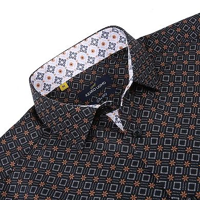 Azaro Uomo Men Slim Fit Four-way Stretch Geometric Long Sleeve Button Down