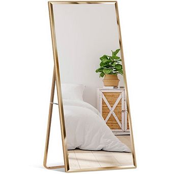Gold Full-Length Leaning Mirror with Stand and Wall-Mount Options, 65" for Bedroom or Dressing Area